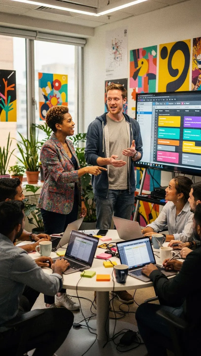 Collaborative team discussing knowledge sharing benefits